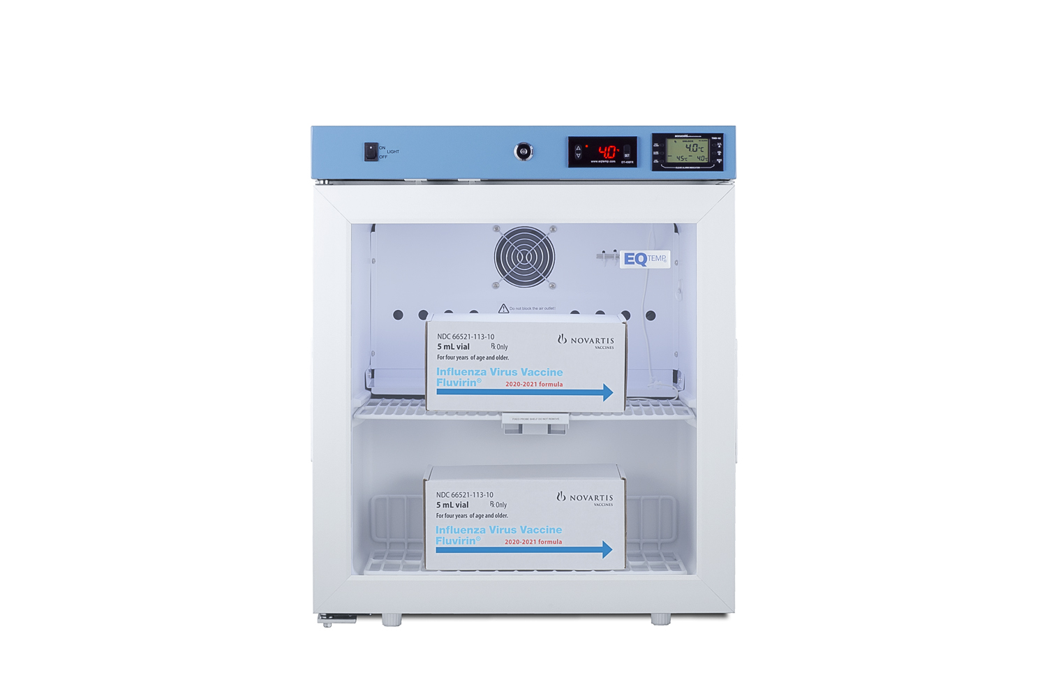 Compact healthcare all-refrigerator with self-closing glass door, front lock, digital controls, and external temperature readout.